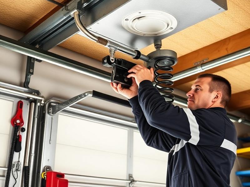 Technician adjusting garage door spring balance