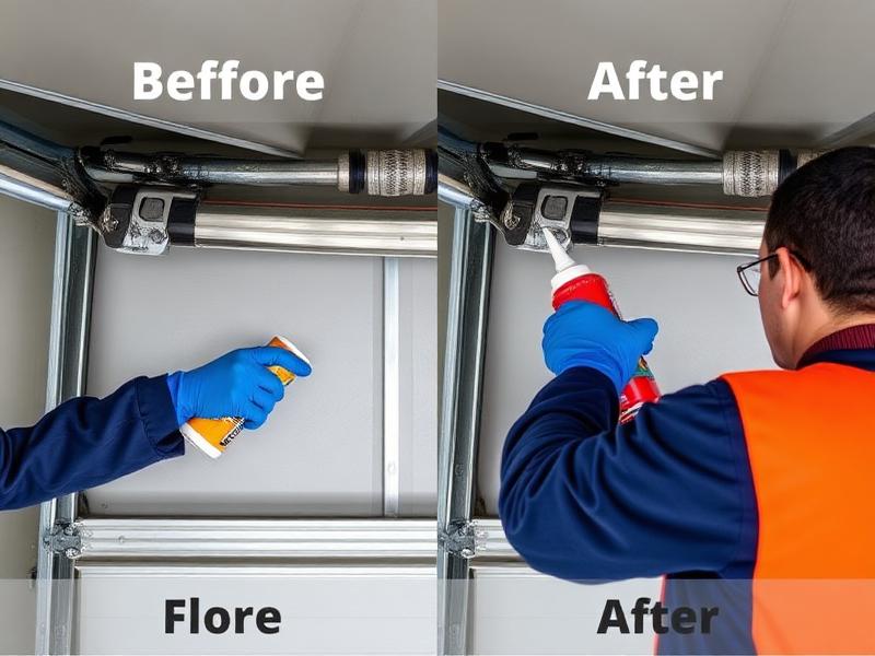 Technician performing garage door maintenance