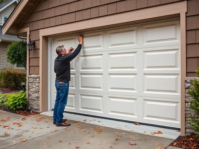 Homeowner inspecting garage door weatherstripping before storm season