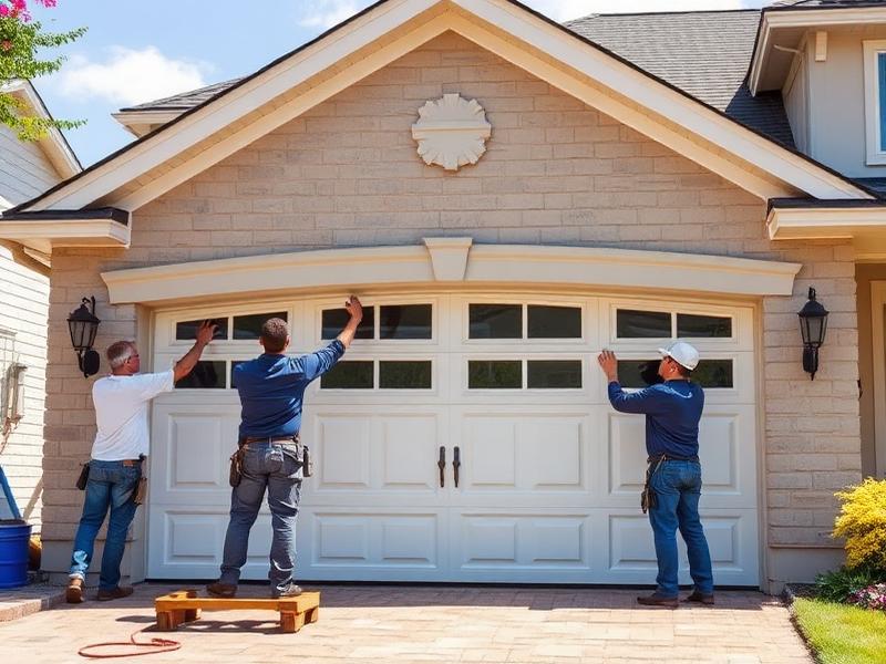Professional team installing garage door on luxury home